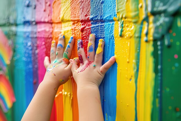 close-up de mãos de crianças pintando com os dedos com tinta brilhante na parede