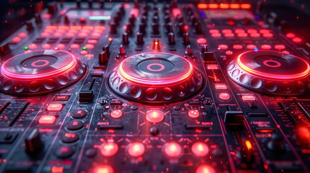 Foto close-up de mãos de dj tocando música no console de mixagem em uma boate