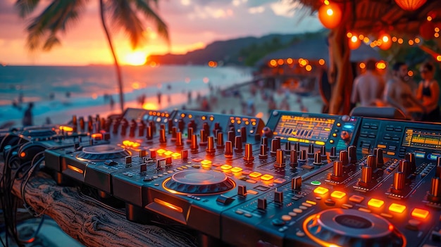 Close-up de mãos de DJ tocando música no console de mixagem em uma boate