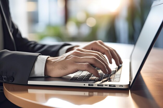 Close-up de mãos de homem digitando no teclado de laptop - Trabalhando em computador portátil em casa ou no escritório: