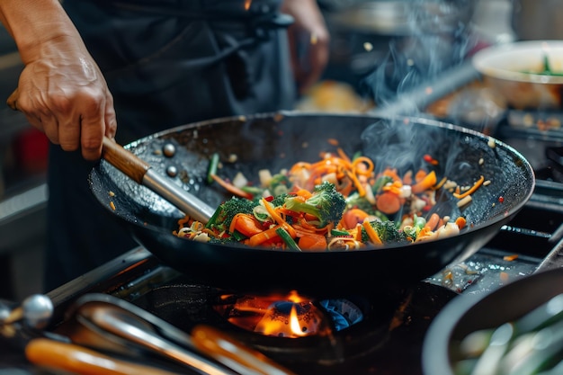 Close up de mãos de homem habilmente agitando uma mistura colorida de macarrão, brócolis e cenouras em um wok preto em um fogão a gás com utensílios de cozinha nas proximidades