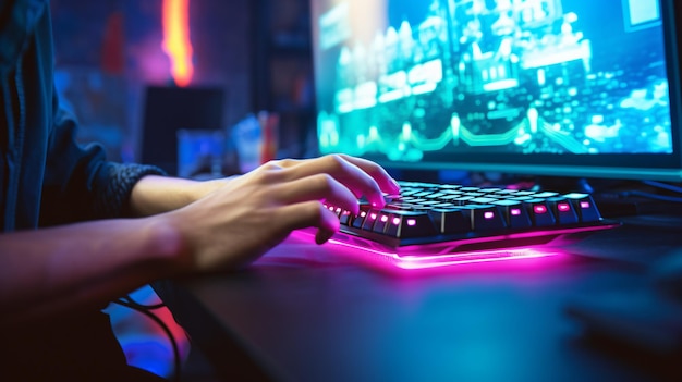 Foto close-up de mãos de jogadores profissionais no teclado em cor de néon