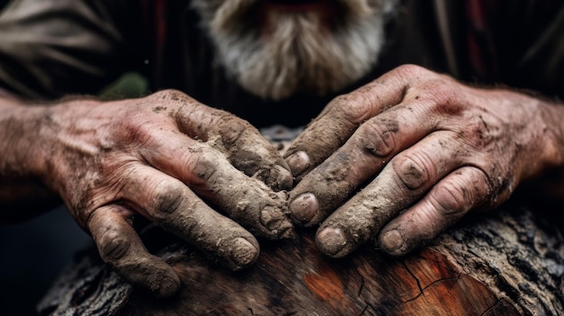 Foto close-up de mãos de lenhador segurando tronco cortado testamento de trabalho