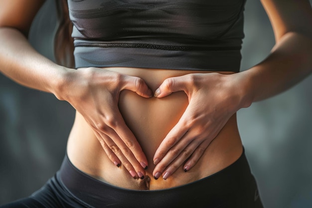 Foto close-up de mãos de mulher fazendo forma de coração em seu estômago intestino saúde e microbioma