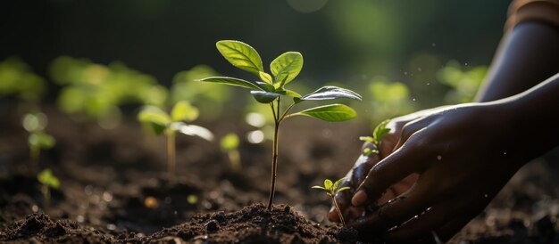 Close-up de mãos de mulheres plantando mudas no chão