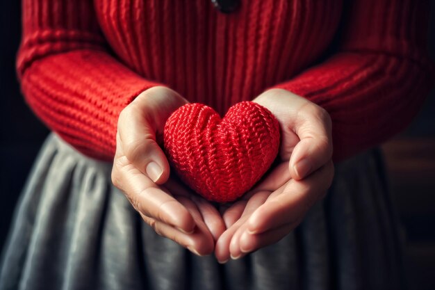 Close-up de mãos de mulheres segurando coração de tricô vermelho em fundo preto