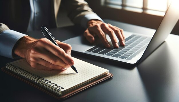 Close-up de mãos de profissionais escrevendo em um caderno ao lado de um laptop indicando planejamento ou pesquisa em um ambiente de trabalho