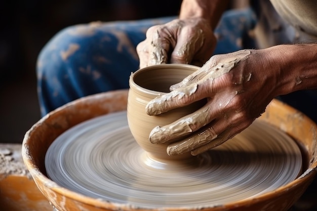 Close-up de mãos de um oleiro esculpindo uma panela uma tigela de barro bruto em uma roda de oleiro em uma oficina de cerâmica