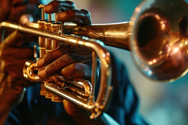 Close-up de mãos de um trompetista contra um trompete com um brilho dourado Jazz Revival