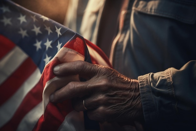 Foto close-up de mãos de um veterano segurando um generative ai dobrado