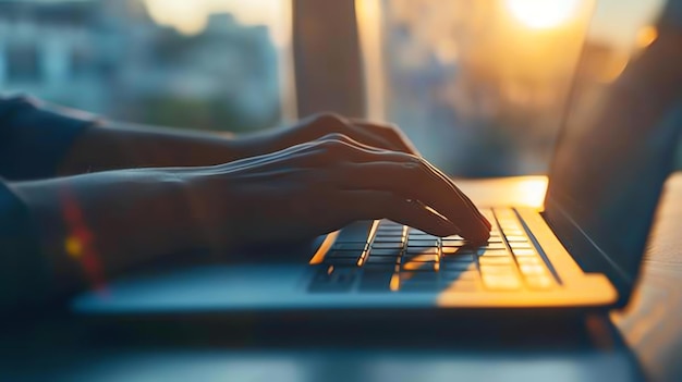 Close-up de mãos de uma mulher digitando em um teclado de laptop O sol está se estabelecendo no fundo lançando um brilho quente sobre a cena