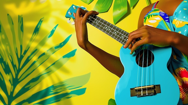 Foto close-up de mãos de uma mulher tocando ukulele a mulher está vestindo um vestido colorido e o fundo é um amarelo brilhante