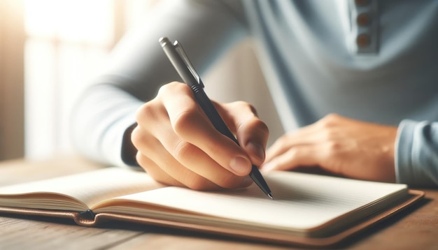 Close-up de mãos de uma pessoa escrevendo pensativamente em um caderno em branco com um lápis capturando inspiração