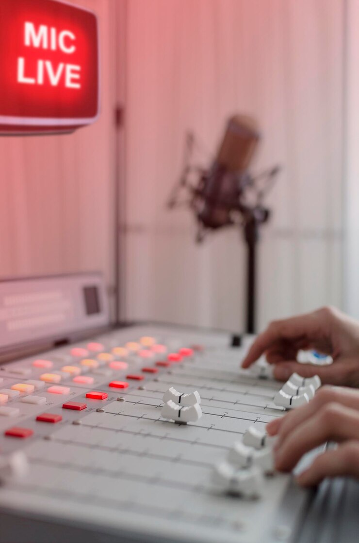Foto close-up de mãos em estúdio de rádio