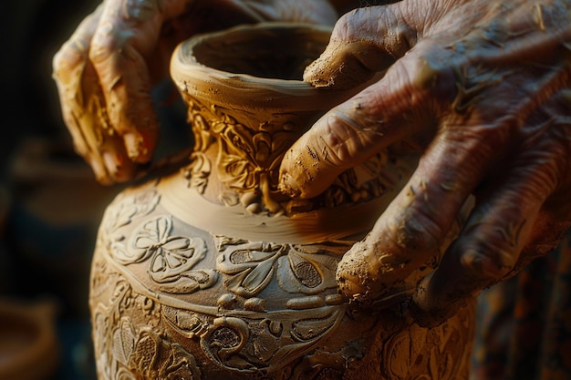 Close-up de mãos esculpindo barro em forma de cerâmica