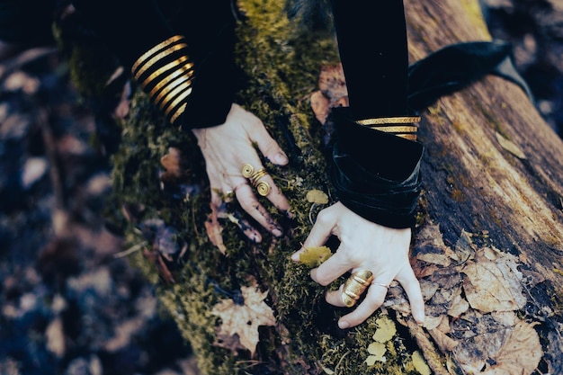 Close-up de mãos femininas com anéis de ouro e pulseira em musgo verde da floresta