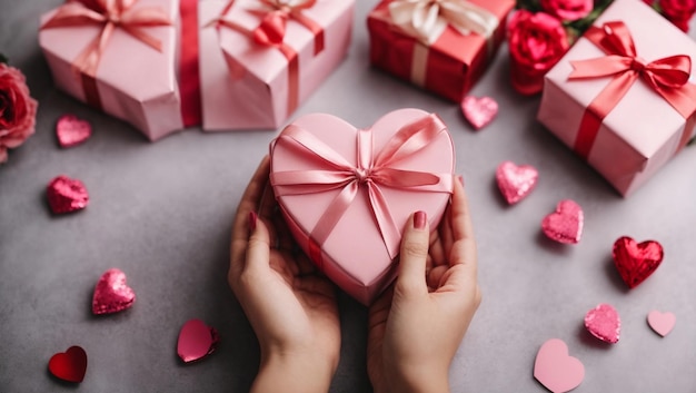 Foto close-up de mãos femininas segurando um presente em um coração rosa conceito de dia dos namorados