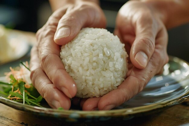 Close-up de mãos formando uma bola de arroz para sushi nigiri