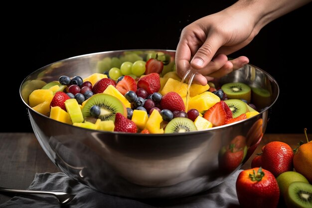 Close-up de mãos jogando frutas em uma tigela de aço inoxidável