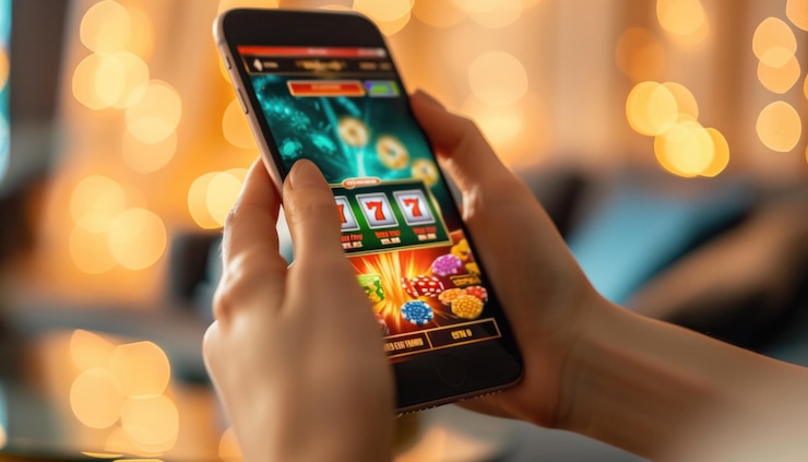 Foto close-up de mãos jogando um jogo de máquina caça-níqueis em um smartphone com um fundo bokeh