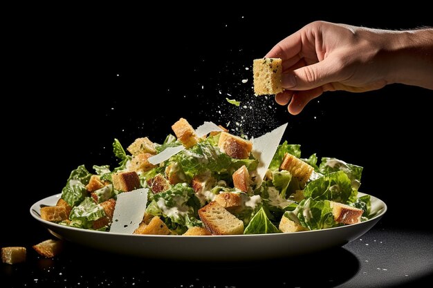 Close-up de mãos jogando uma salada César com croutons