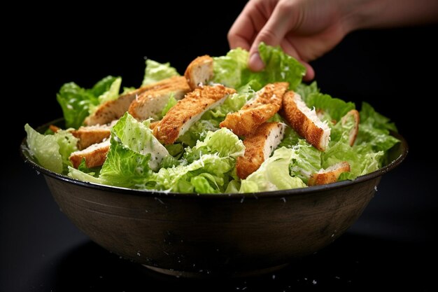 Close-up de mãos jogando uma salada César com croutons