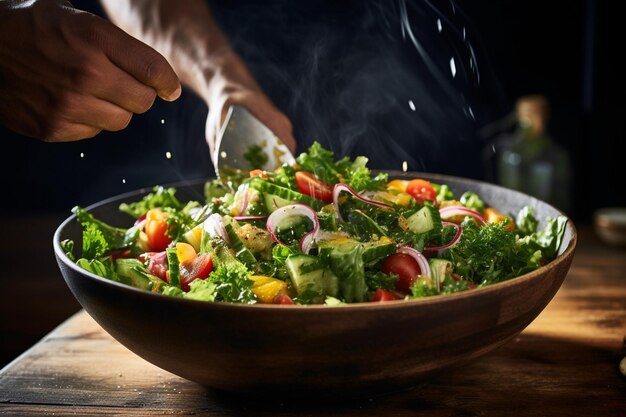 Close-up de mãos jogando uma salada em uma tigela rústica