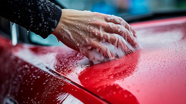 Foto close-up de mãos lavando um carro