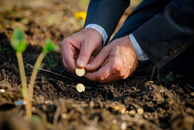 Close-up de mãos literalmente plantando moedas