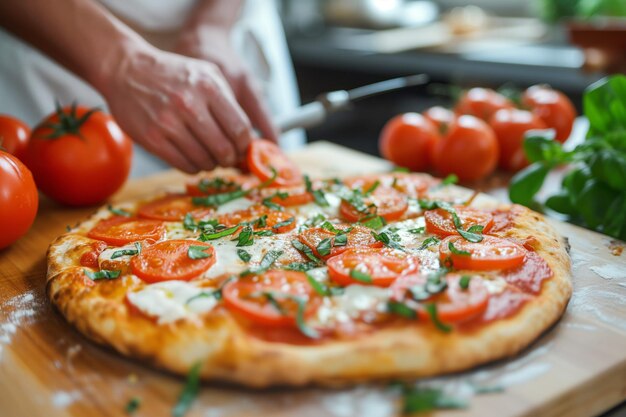 Close-up de mãos masculinas cozinhando pizza com tomates mozzarella e ervas