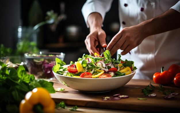 Close-up de mãos masculinas cozinhando salada na cozinha