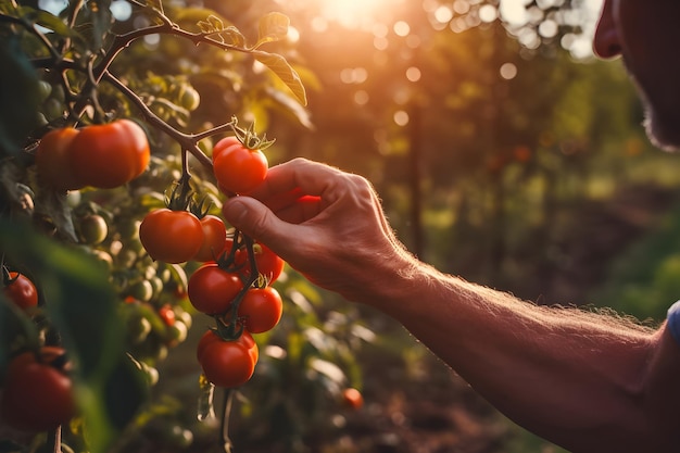 Close-up de mãos masculinas de agricultores colhendo tomates cherry vermelhos Conceito de colheita e agricultura de alimentos orgânicos Gerado por IA