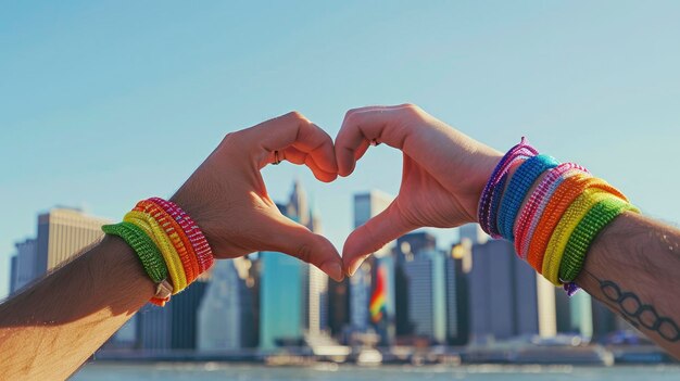 Close up de mãos masculinas em pulseiras arco-íris fazendo uma forma de coração com o horizonte da cidade de Nova York ao fundo