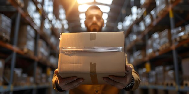 Foto close-up de mãos masculinas manuseando caixas de cartão em armazém postal para despacho conceito operações logísticas gestão de armazém procedimentos de envio manuseio de pacotes transportes logística