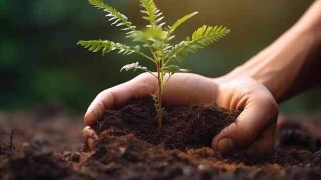 Foto close-up de mãos masculinas plantando mudas de árvores em solo fértil