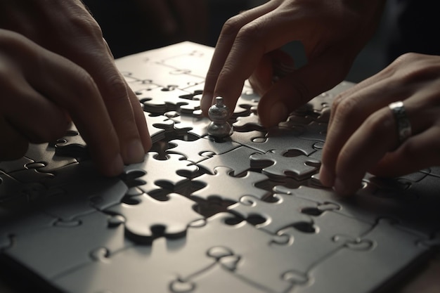 Foto close-up de mãos montando um quebra-cabeça 3d