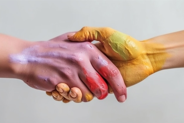 Close-up de mãos pintadas em várias cores Generative Ai