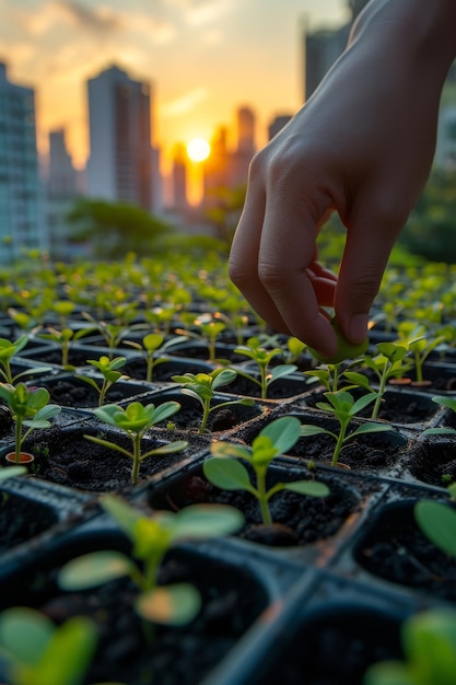 Close-up de mãos plantando jovens mudas verdes em canteiros de jardim urbano com um nascer do sol na paisagem urbana ao fundo