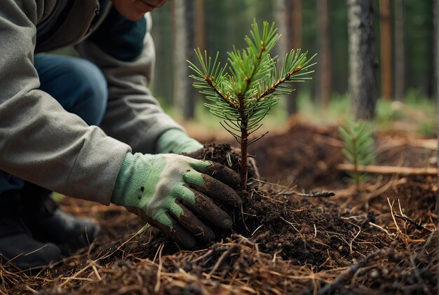 Foto close-up de mãos plantando um pinheiro