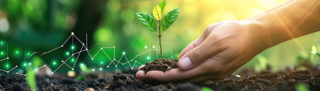 Close-up de mãos plantando uma árvore com um gráfico de crescimento de energia renovável no fundo