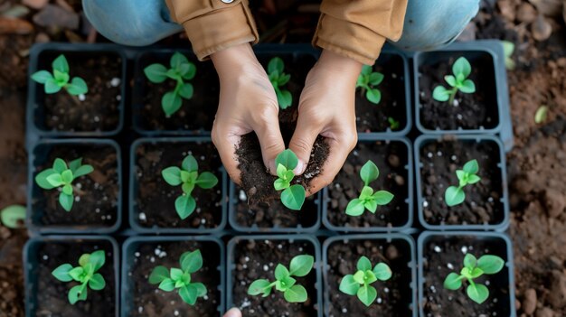 Close-up de mãos segurando a plantação das mudas na luz da manhã vista superior generativa ai