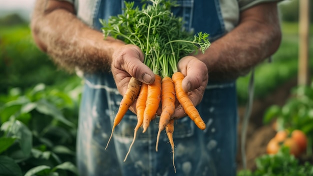 Close-up de mãos segurando cenouras frescas com o fundo mostrando um cenário de fazenda orgânica
