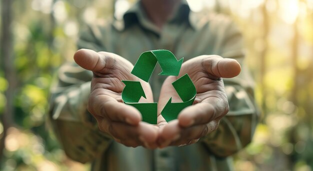 Close-up de mãos segurando um símbolo de reciclagem verde vibrante que promove o meio ambiente