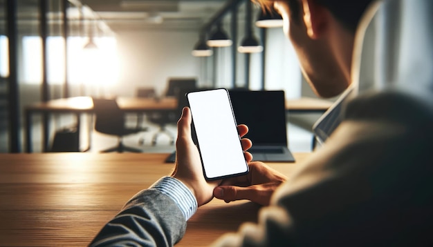 Close up de mãos segurando um smartphone com uma tela em branco ao lado de um laptop em uma mesa de madeira ideal para apresentação de aplicativos