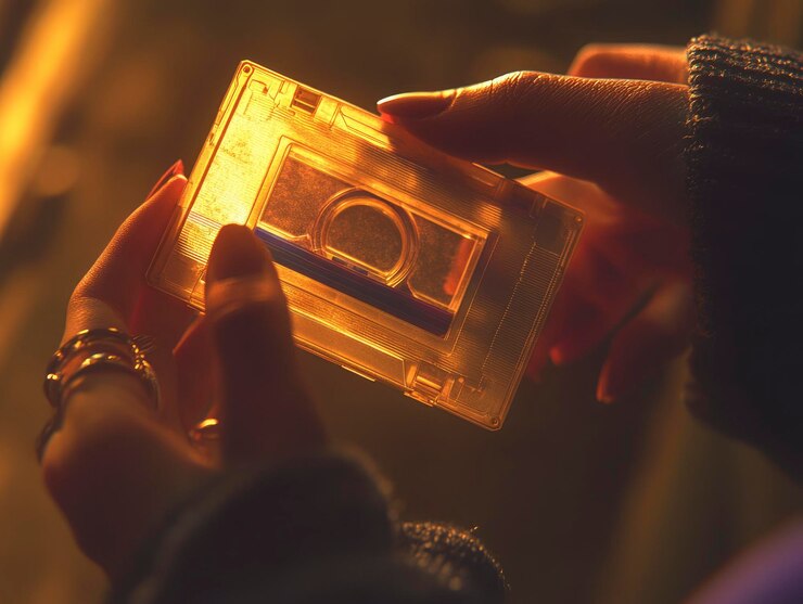 Foto close-up de mãos segurando uma cassete de mixtape foco suave iluminação nostálgica com um brilho quente