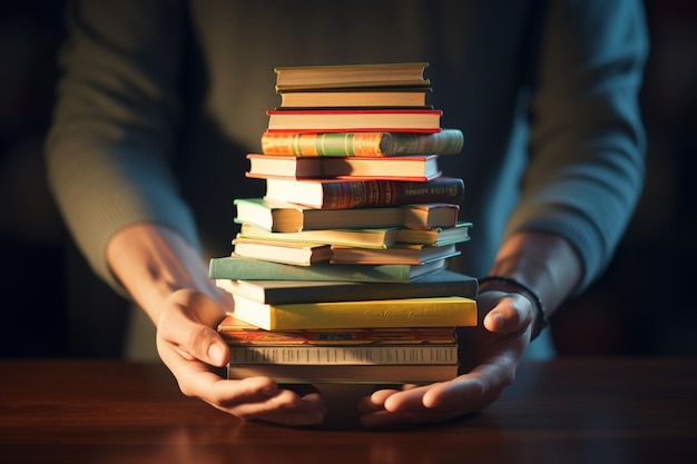 Close-up de mãos segurando uma pilha de livros