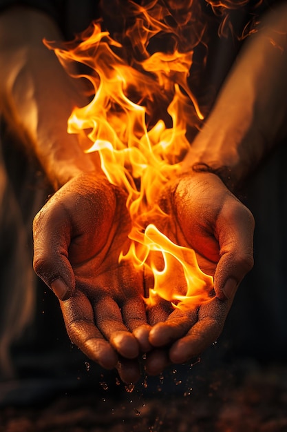 Foto close-up de mãos sendo aquecidas pelo fogo destacando as texturas e o brilho dourado das chamas
