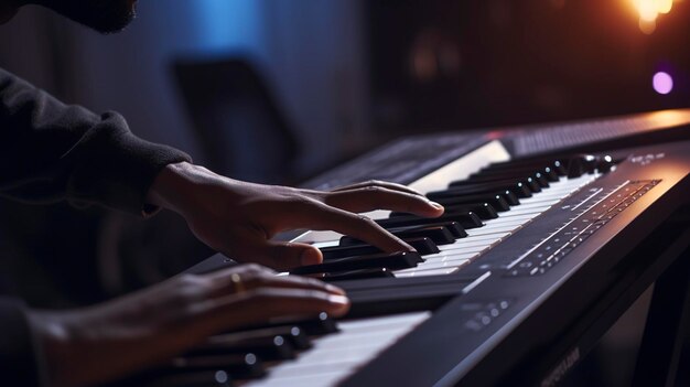 Close-up de mãos tocando um teclado com um borrado