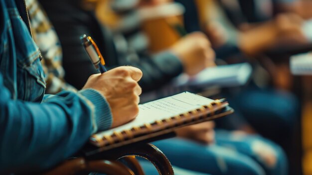 Close-up de mãos tomando anotações em um seminário sobre educação