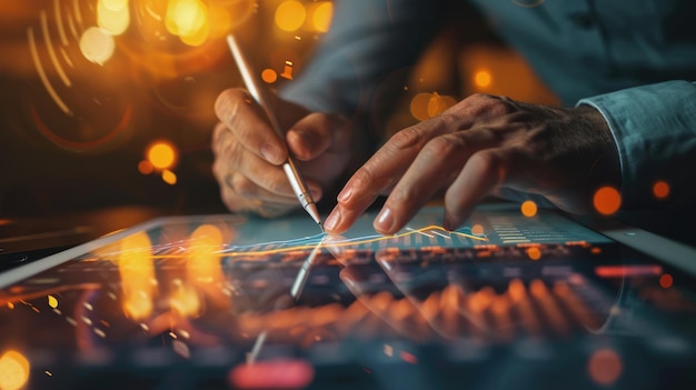 Close-up de mãos usando um tablet digital com uma caneta com um fundo desfocado